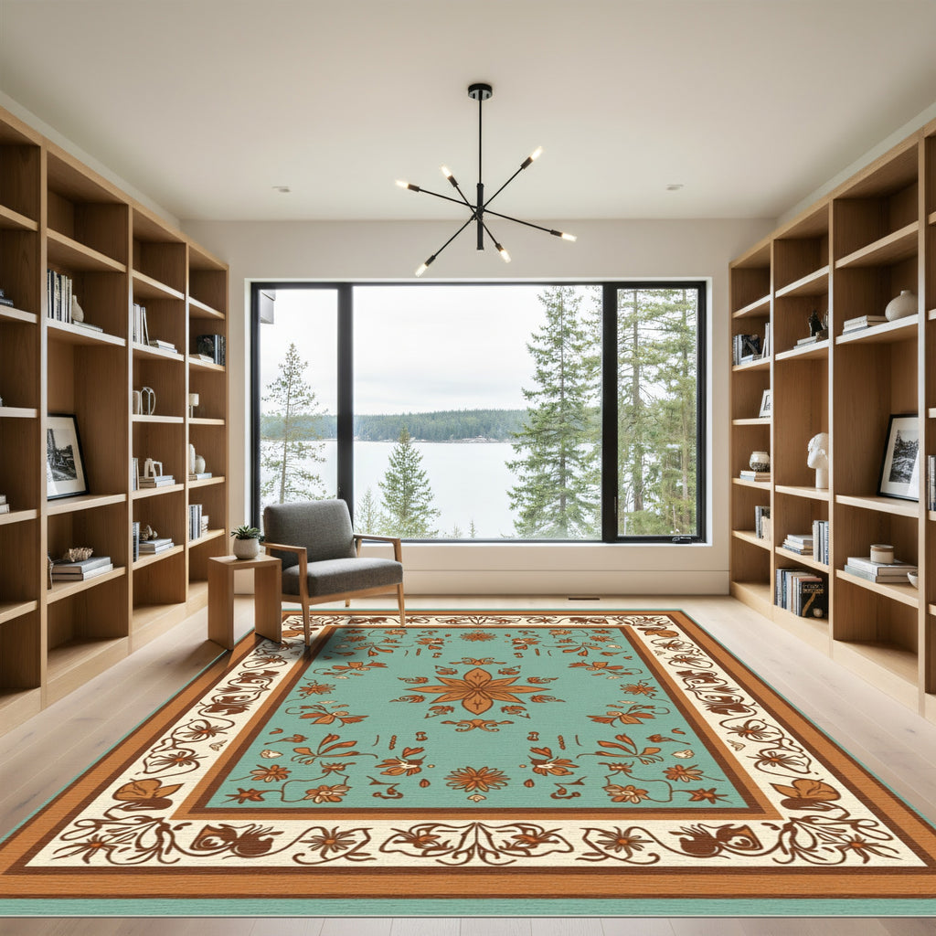 Turquoise Orange Floral Acanthus Border Rug
