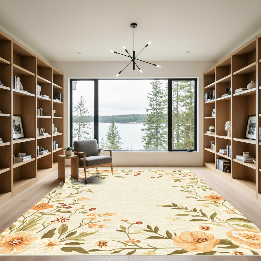 Peach Floral Berry Vine Border Rug
