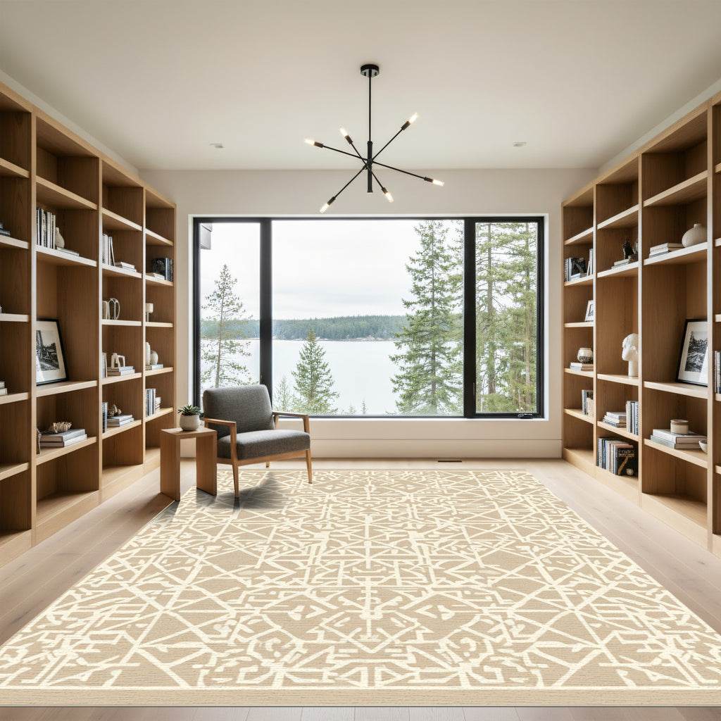 Cream Lattice Geometric Abstract Rug