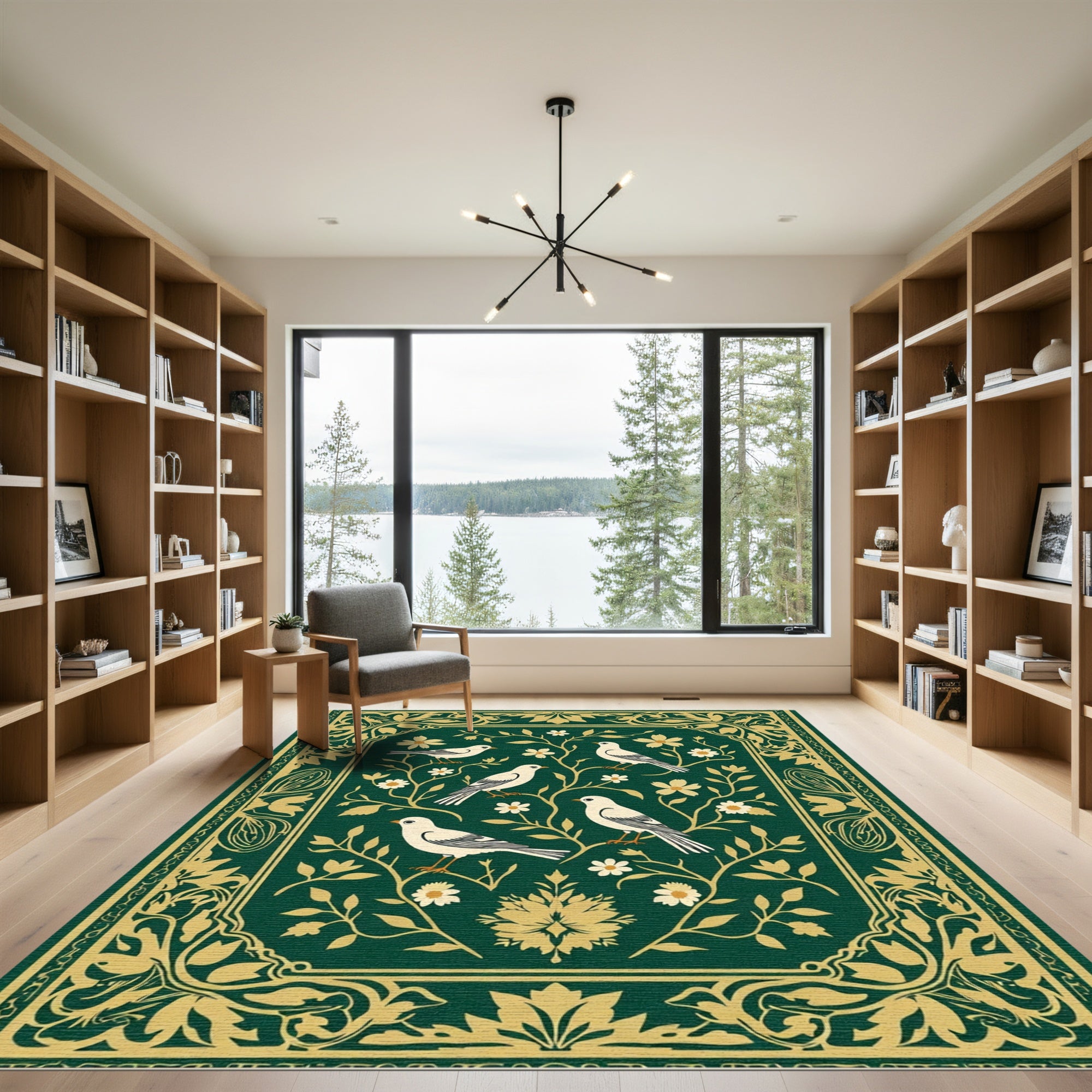 Elegant Green Gold Bird Floral Vine Rug