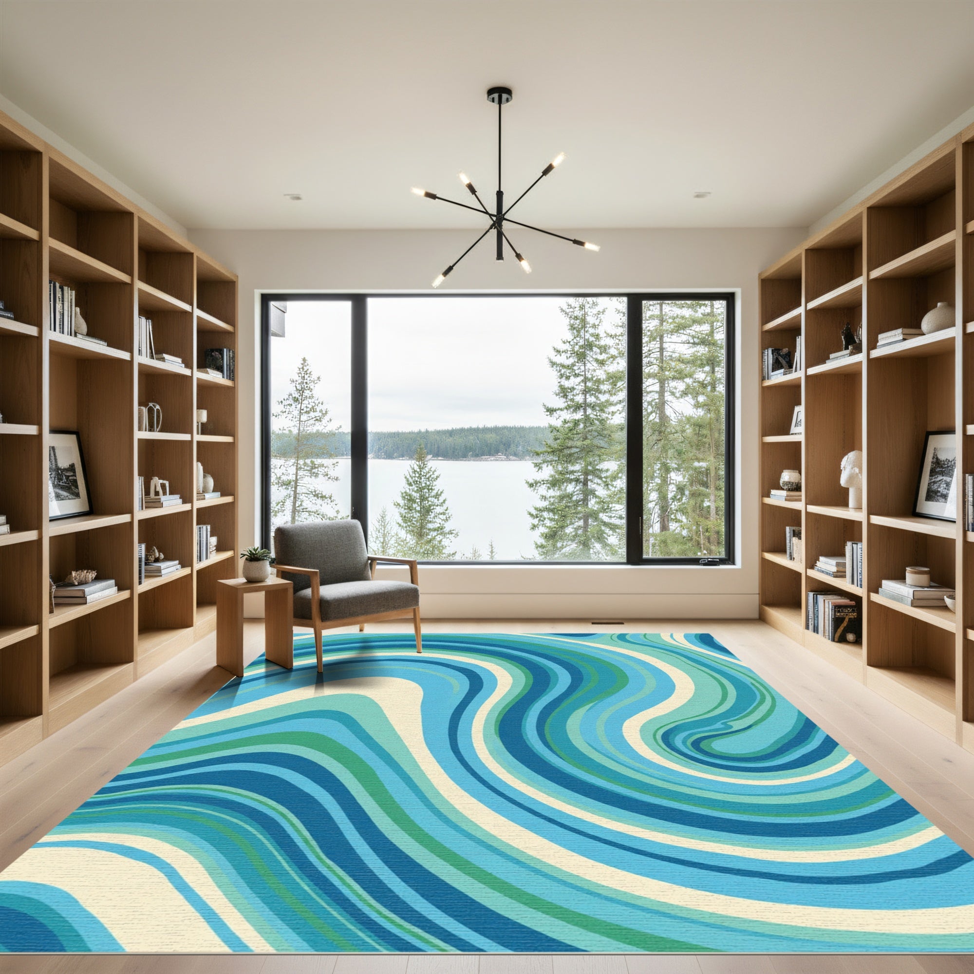 Coastal Blue Green Swirling Lines Rug