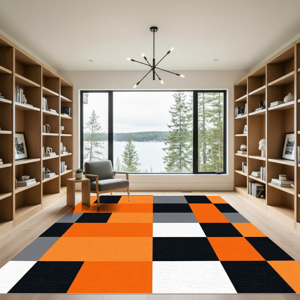 Bold Orange Black White Checkered Rug