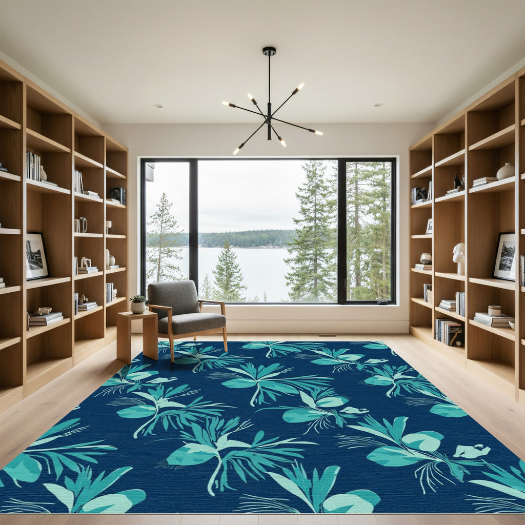 Deep Blue Teal Tropical Foliage Rug
