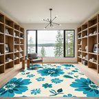 Large Teal Flowers With Leaves Rug