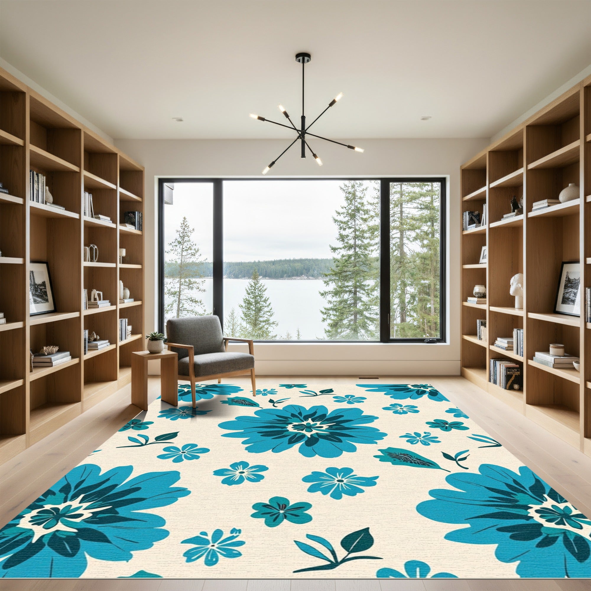Large Teal Flowers With Leaves Rug