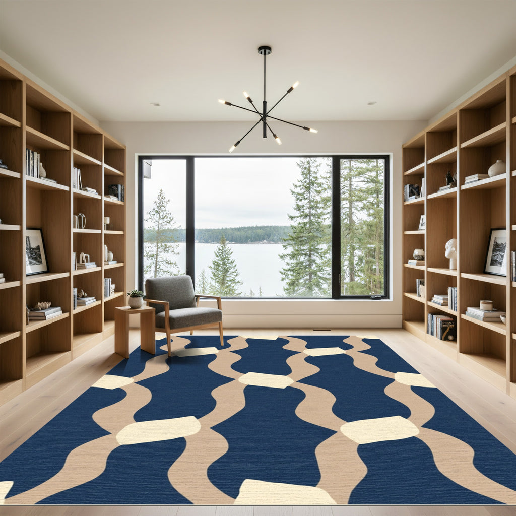 Wavy Tan Beige Blobs Navy Rug