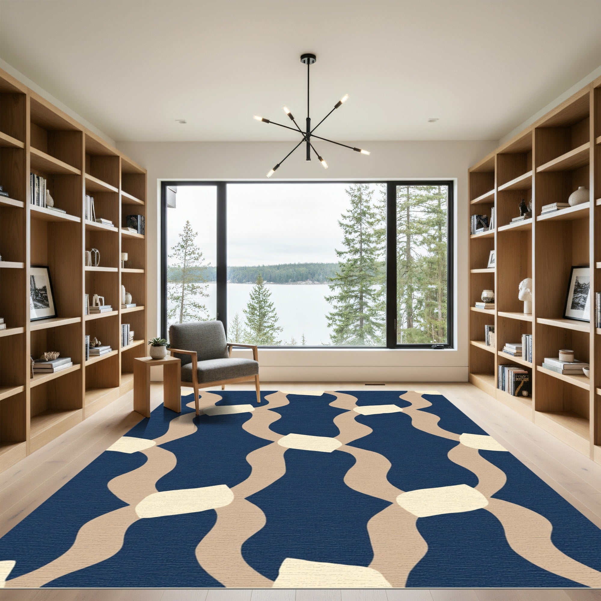 Wavy Tan Beige Blobs Navy Rug