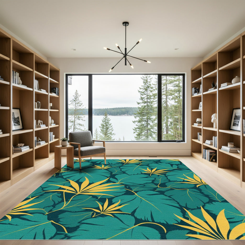 Teal and Gold Tropical Leaf Pattern Rug