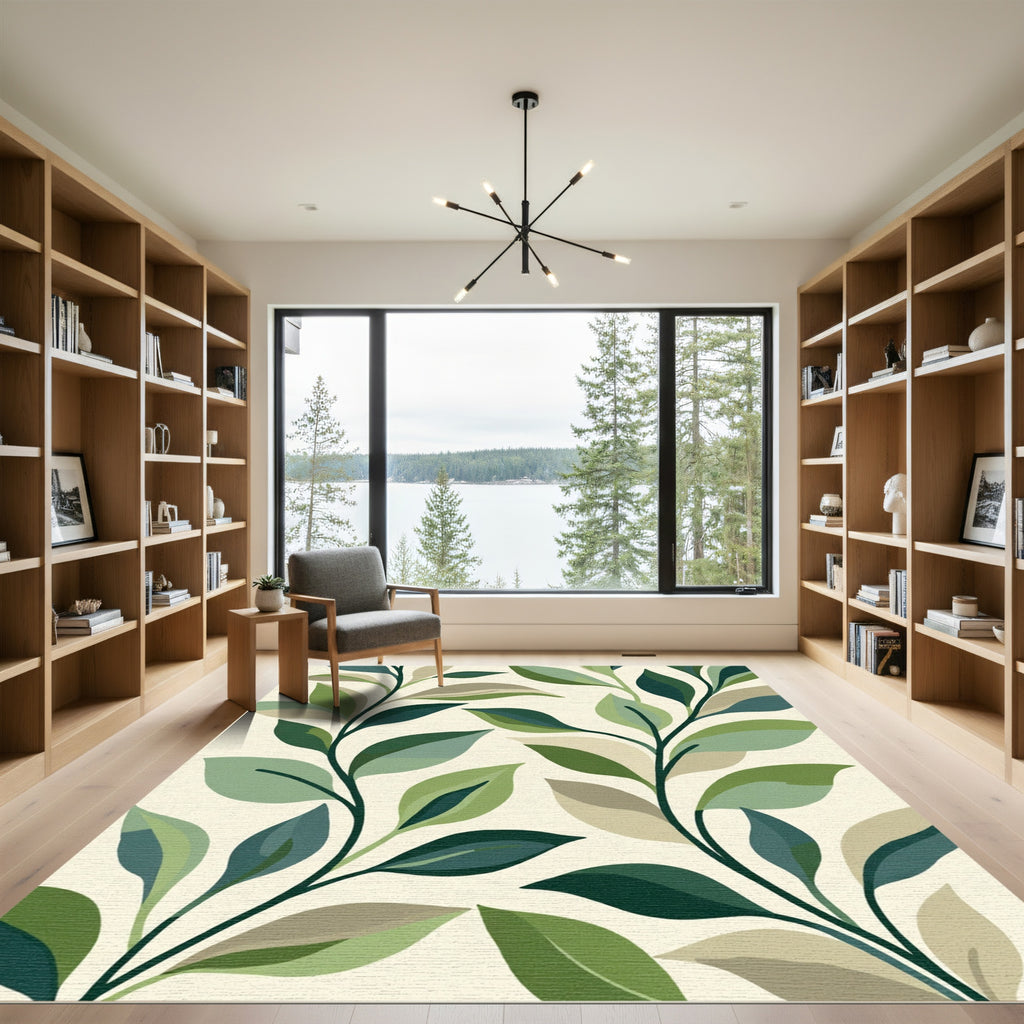 Green Leafy Swirl Branches Rug