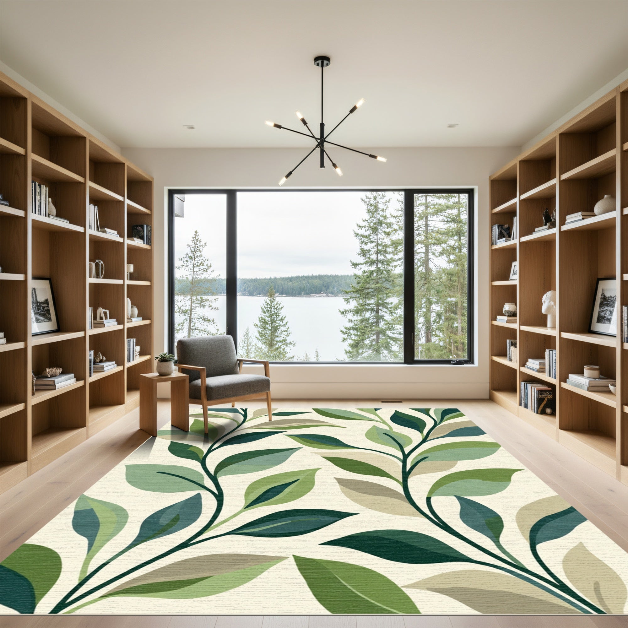 Green Leafy Swirl Branches Rug