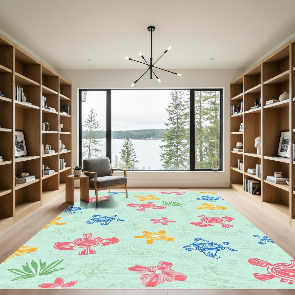 Playful Coral Blue Yellow Floral Ferns Rug