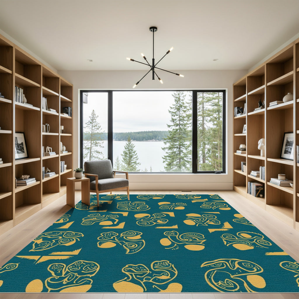 Abstract Golden Figures Teal Background Rug