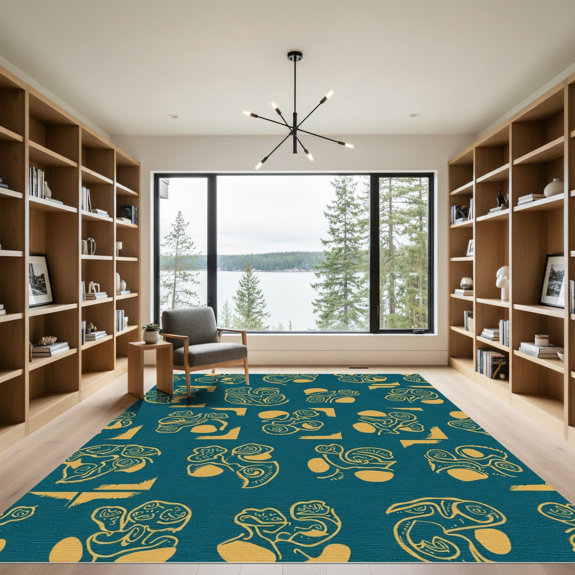Abstract Golden Figures Teal Background Rug
