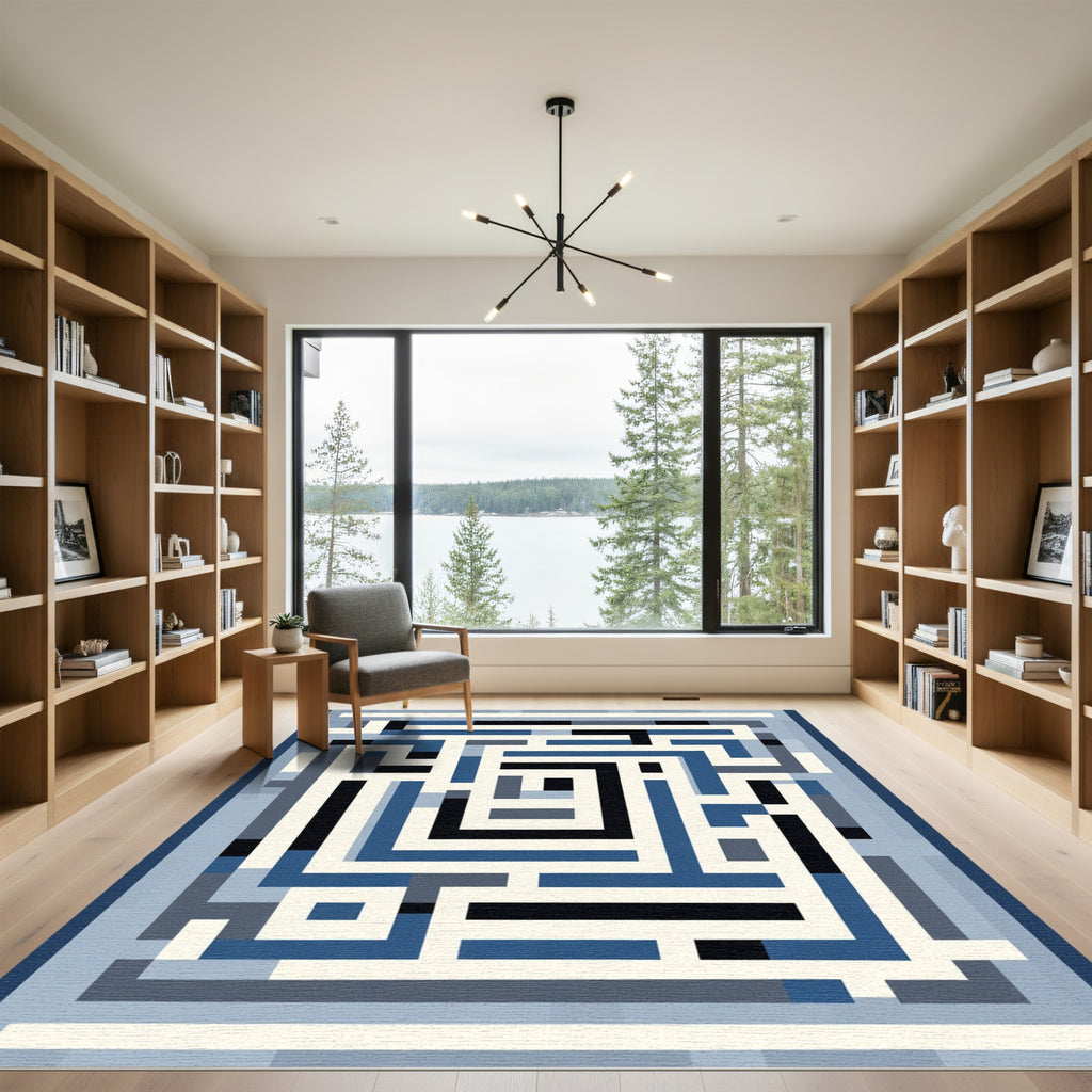 Geometric Maze Blue Ivory Graphic Rug