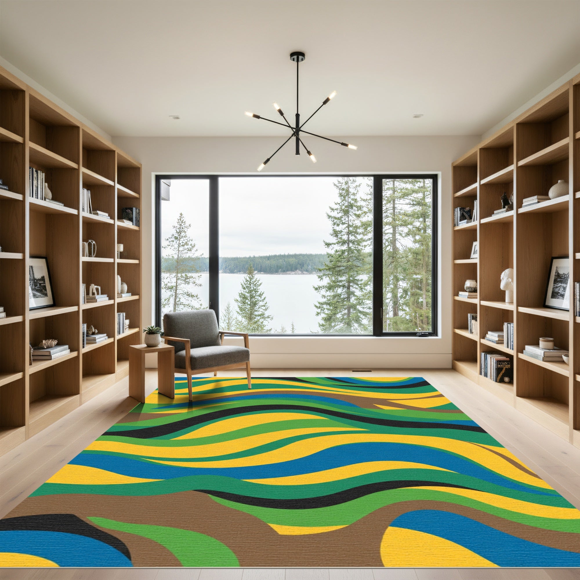 Abstract Wavy Stripe Yellow Blue Green Rug