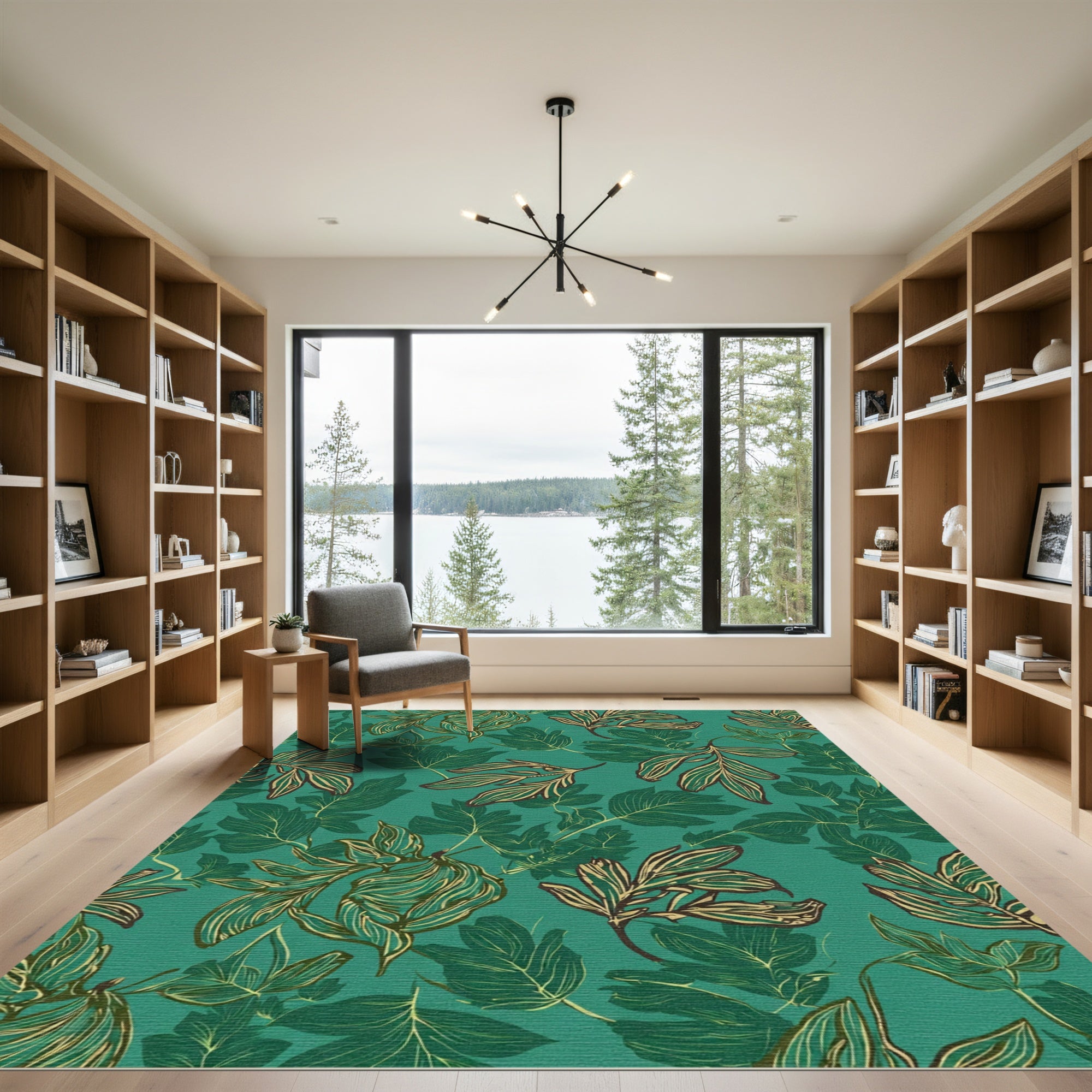 Teal Lush Foliage Branch Illustration Rug