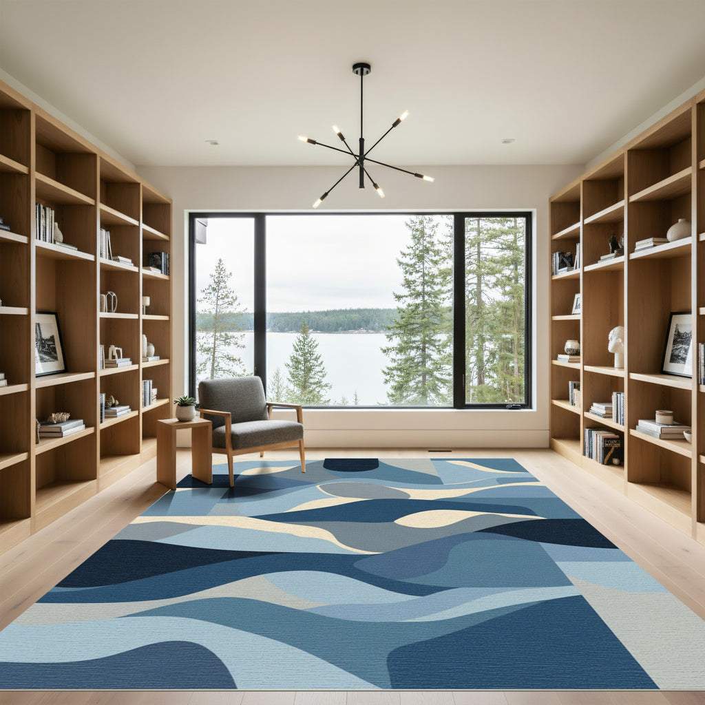 Abstract Navy Blue Wavy Forms Rug