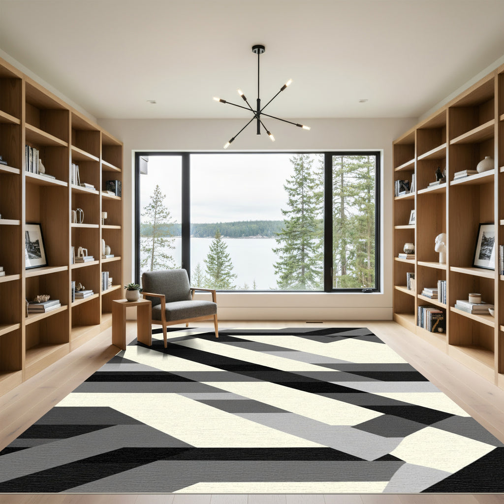 Modern Black White Geometric Ribbon Rug