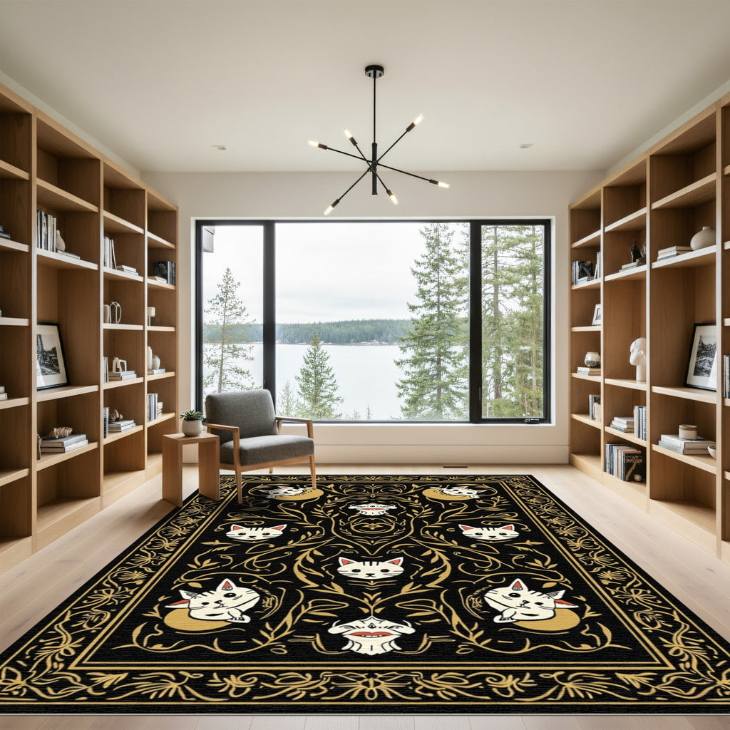 Black and Gold Whimsical Cat Floral Rug