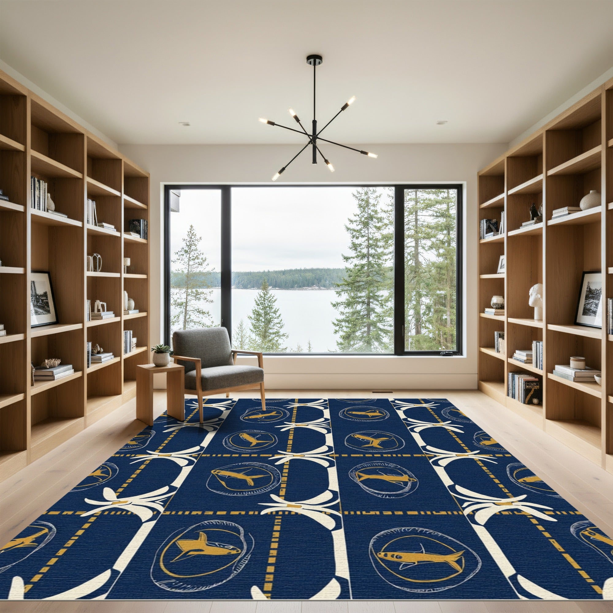 Deep Blue Golden Fish Oval Rug