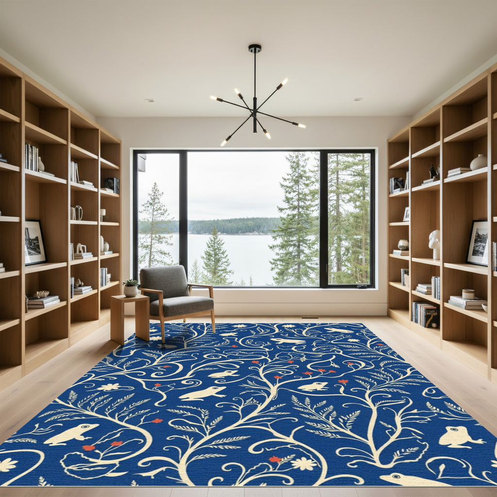 Cream Frogs Floral Blue Vine Art Rug