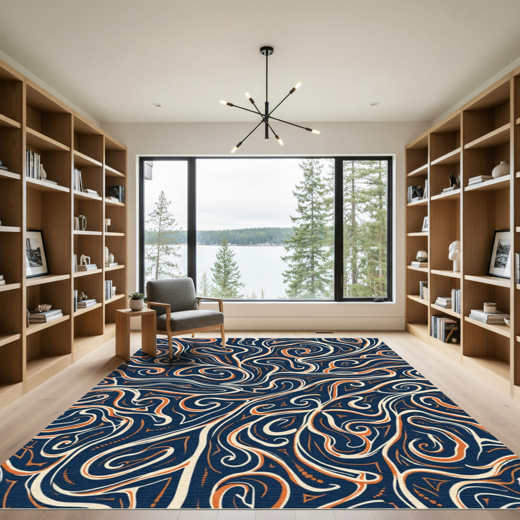 Deep Navy Auburn Swirl Flow Rug