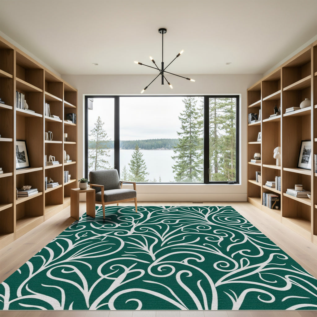 Deep Forest White Swirl Floral Rug