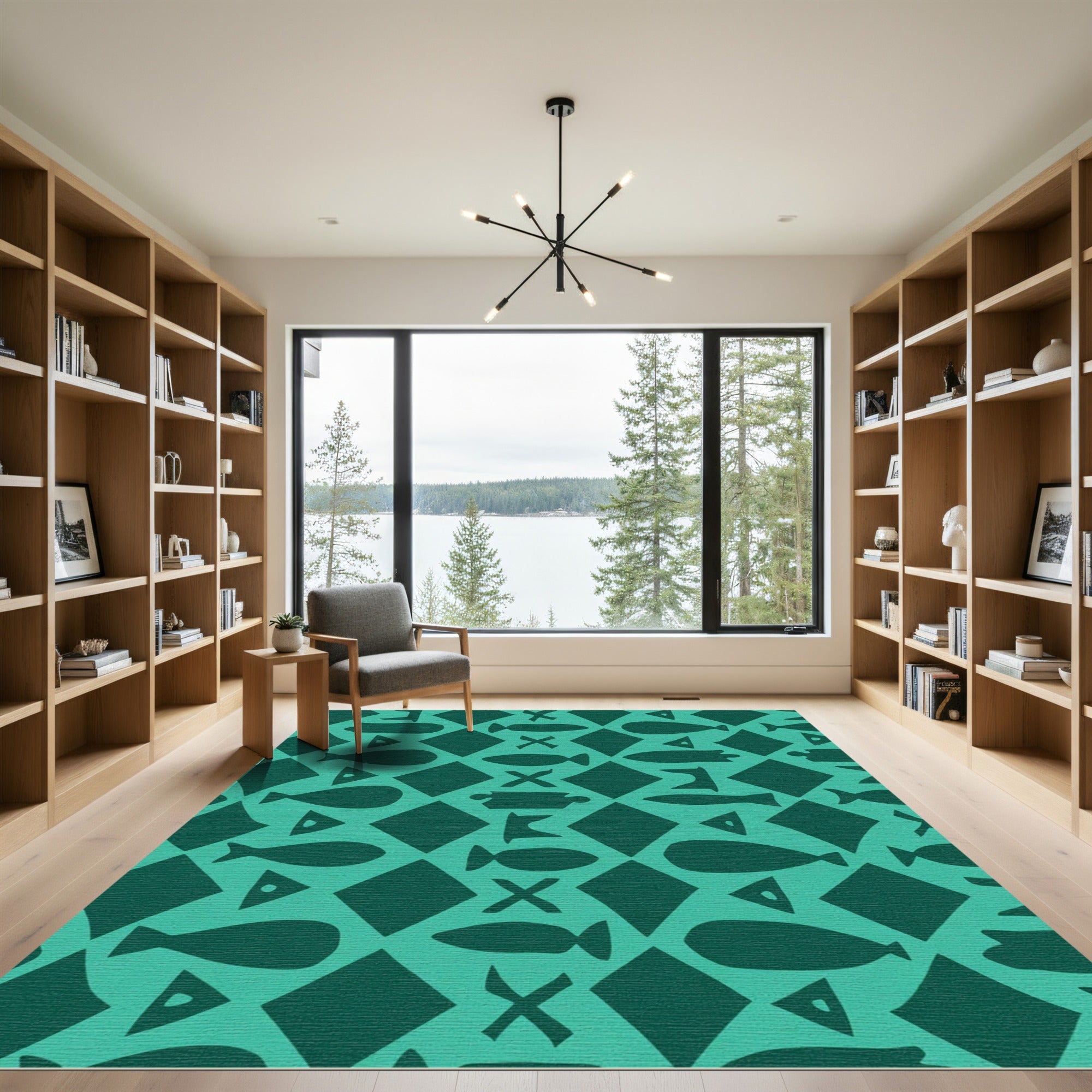 Teal Fish Diamond Geometric Rug