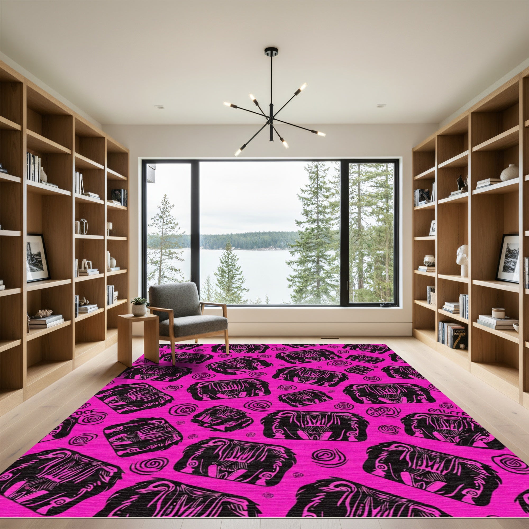 Vivid Pink Black Tribal Element Swirl Rug
