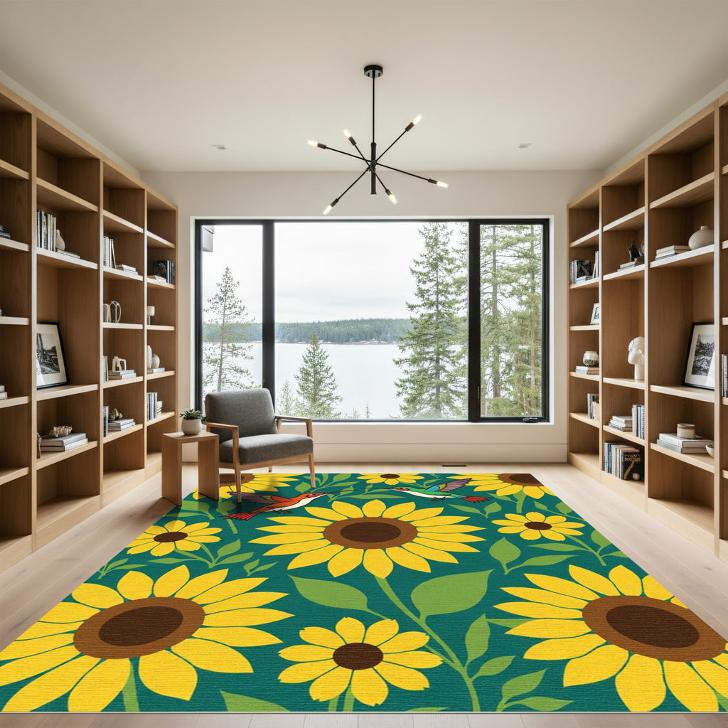 Whimsical Hummingbirds Yellow Sunflowers Teal Rug