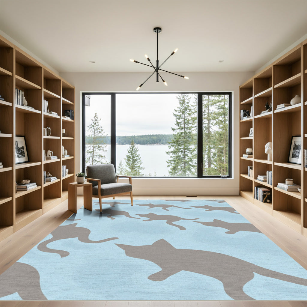 Gray Cat Repeat Light Blue Background Rug