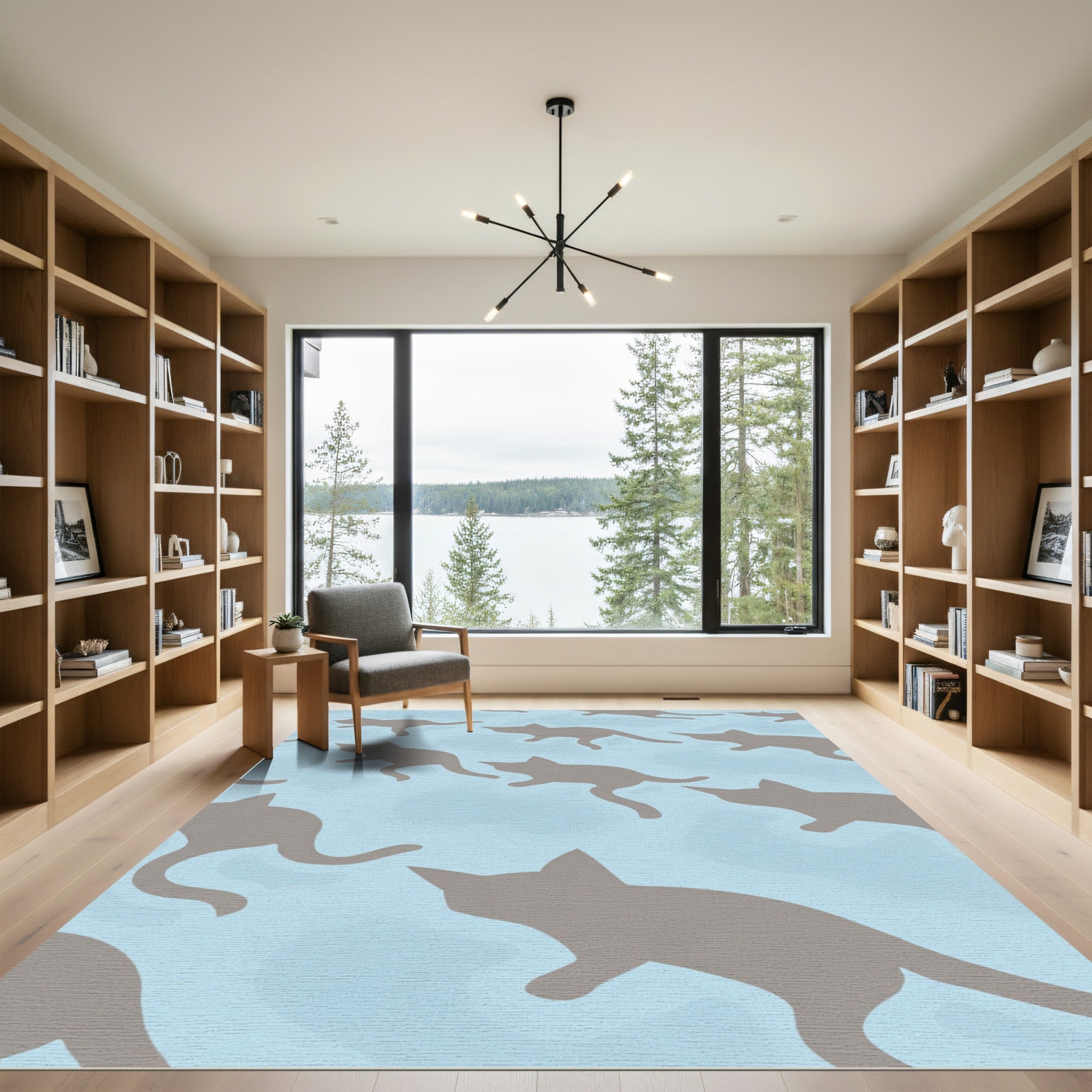 Gray Cat Repeat Light Blue Background Rug