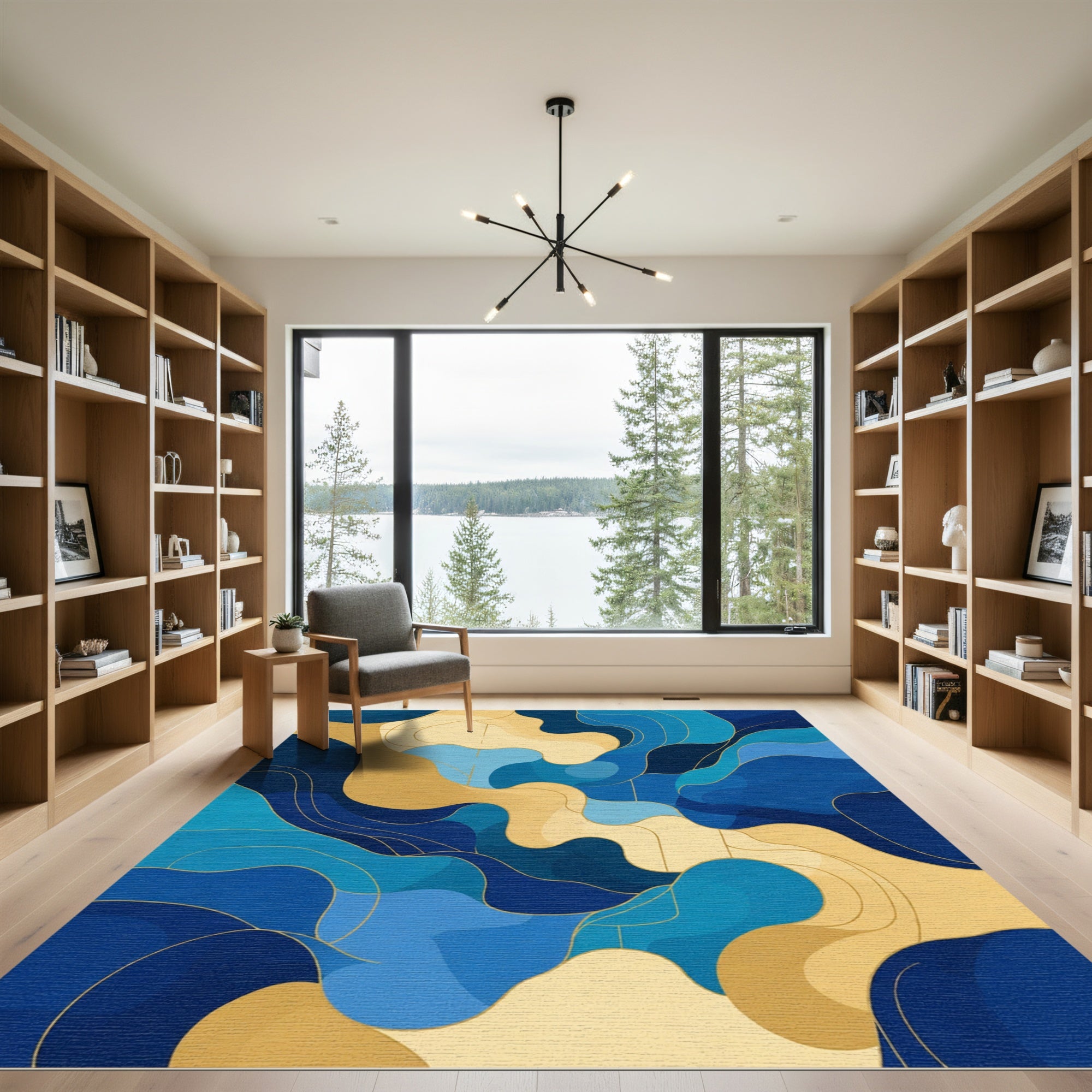 Navy Blue Gold Fluid Contour Rug