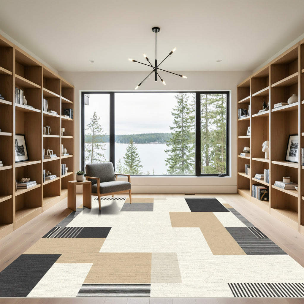 Abstract Geometric Tan Black Stripe Arrangement Rug