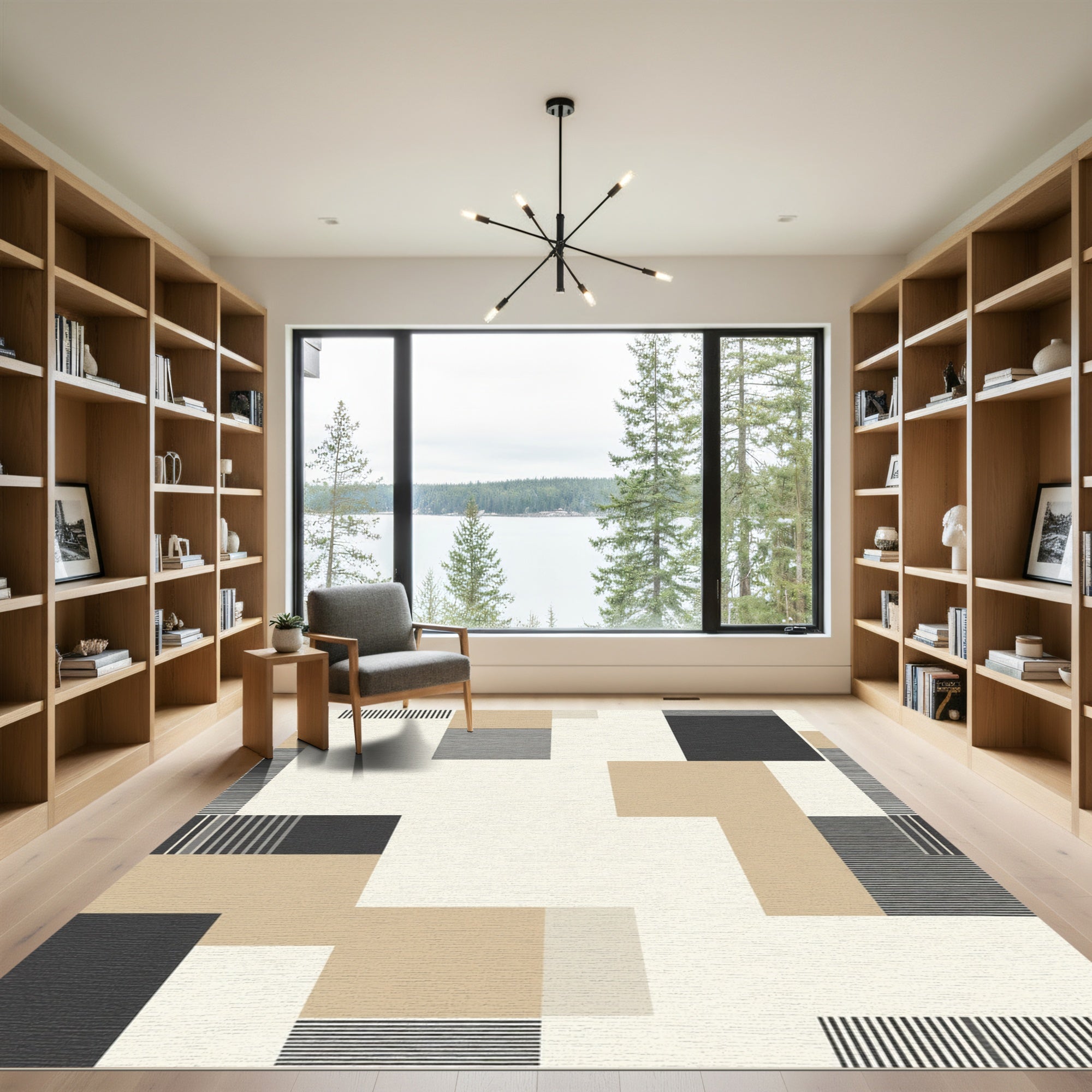 Abstract Geometric Tan Black Stripe Arrangement Rug
