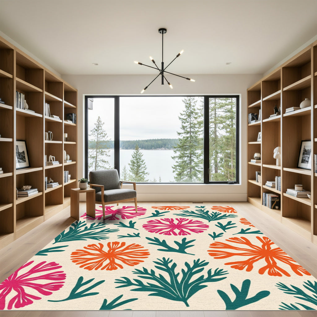 Coral Orange Pink Teal Branch Collage Rug