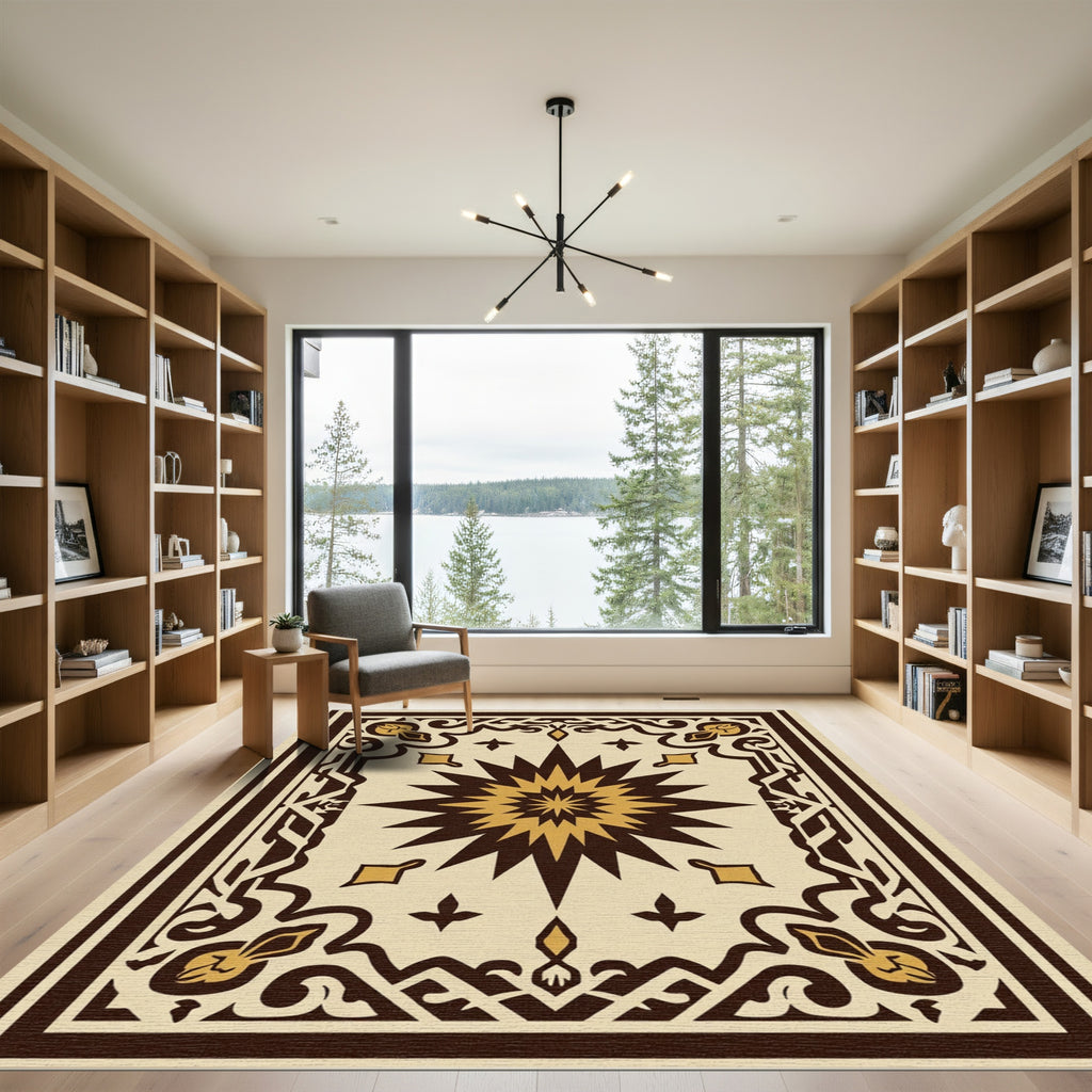 Brown Gold Centered Star Border Rug