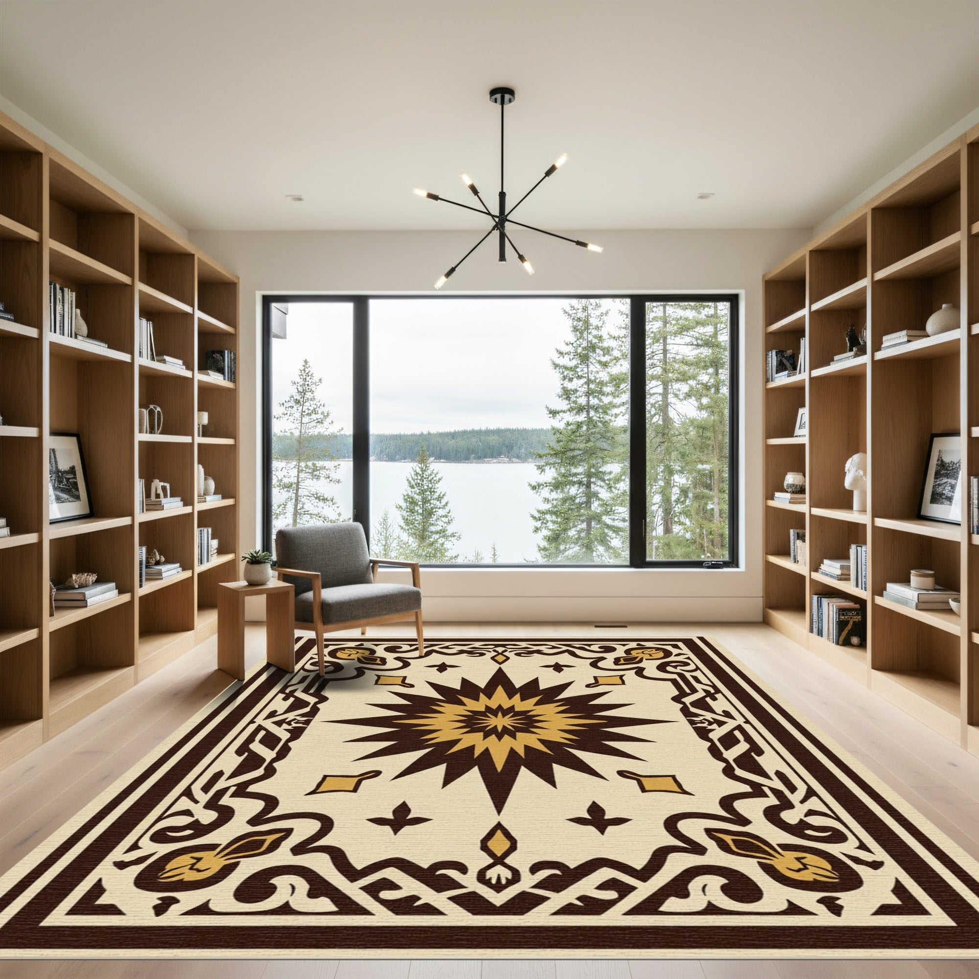Brown Gold Centered Star Border Rug