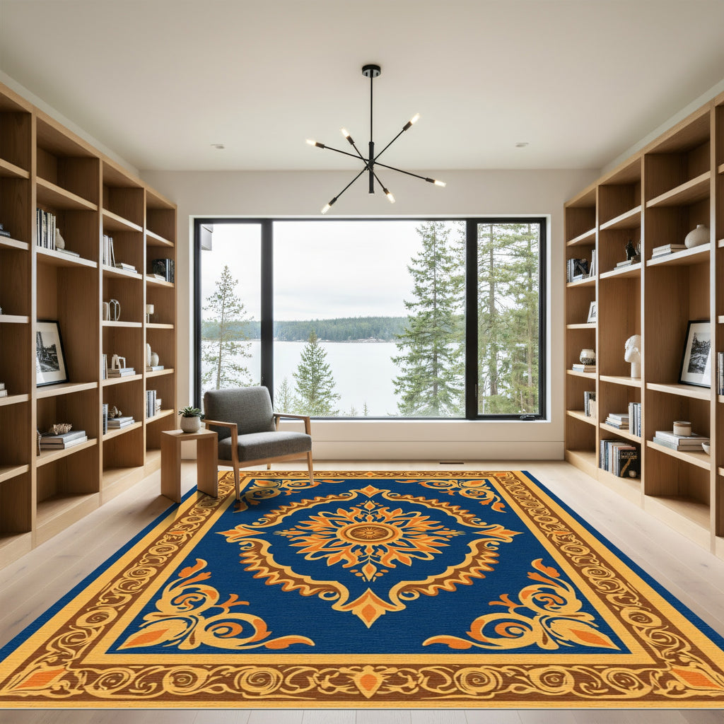 Royal Blue Golden Medallion Sun Rug