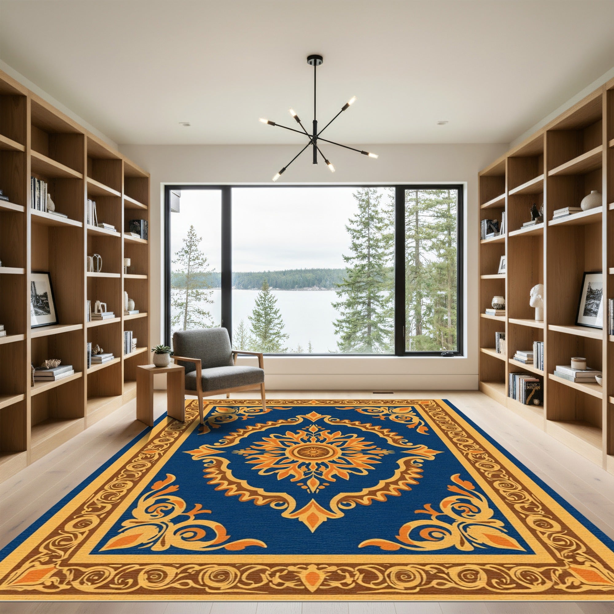 Royal Blue Golden Medallion Sun Rug
