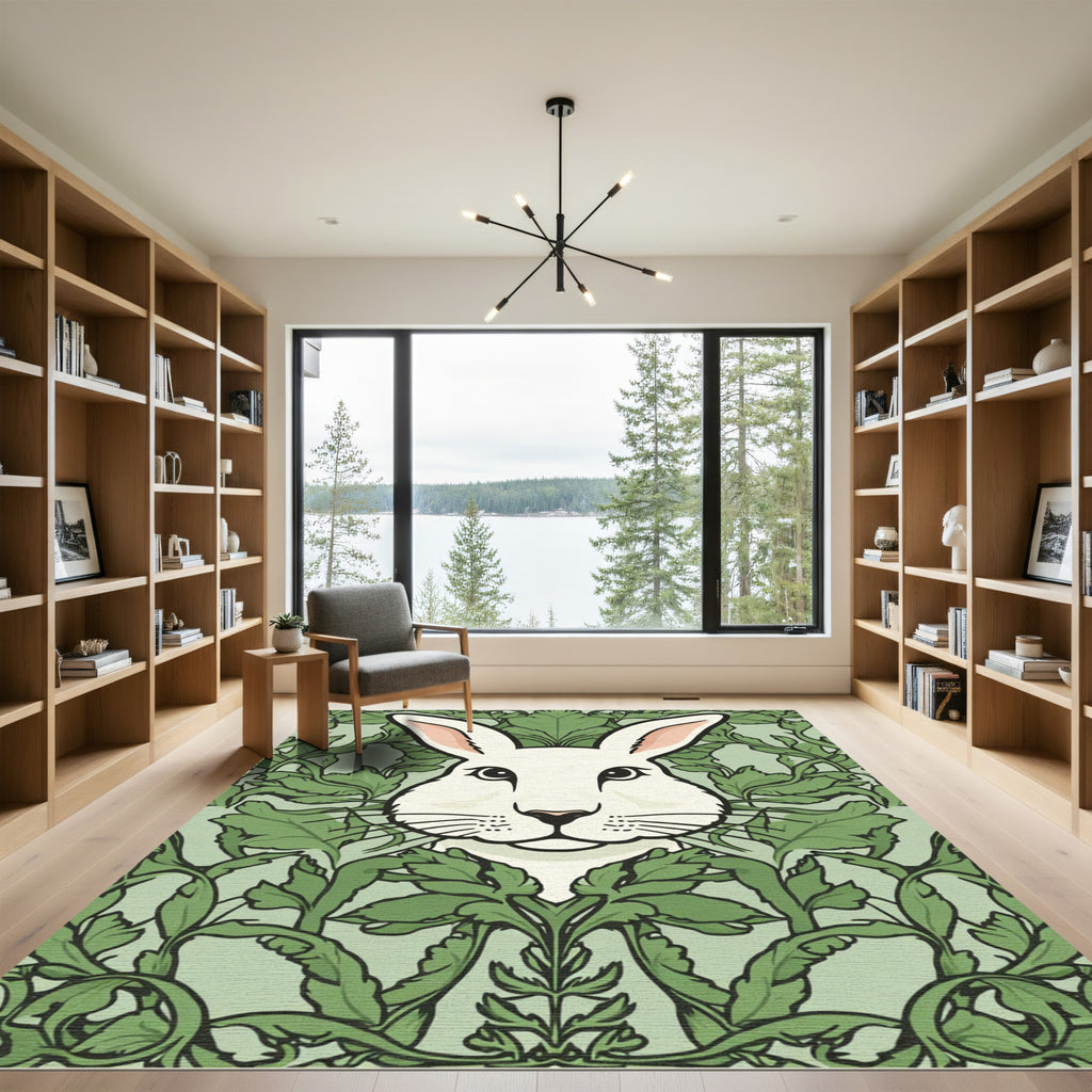 Green White Rabbit Floral Art Deco Rug