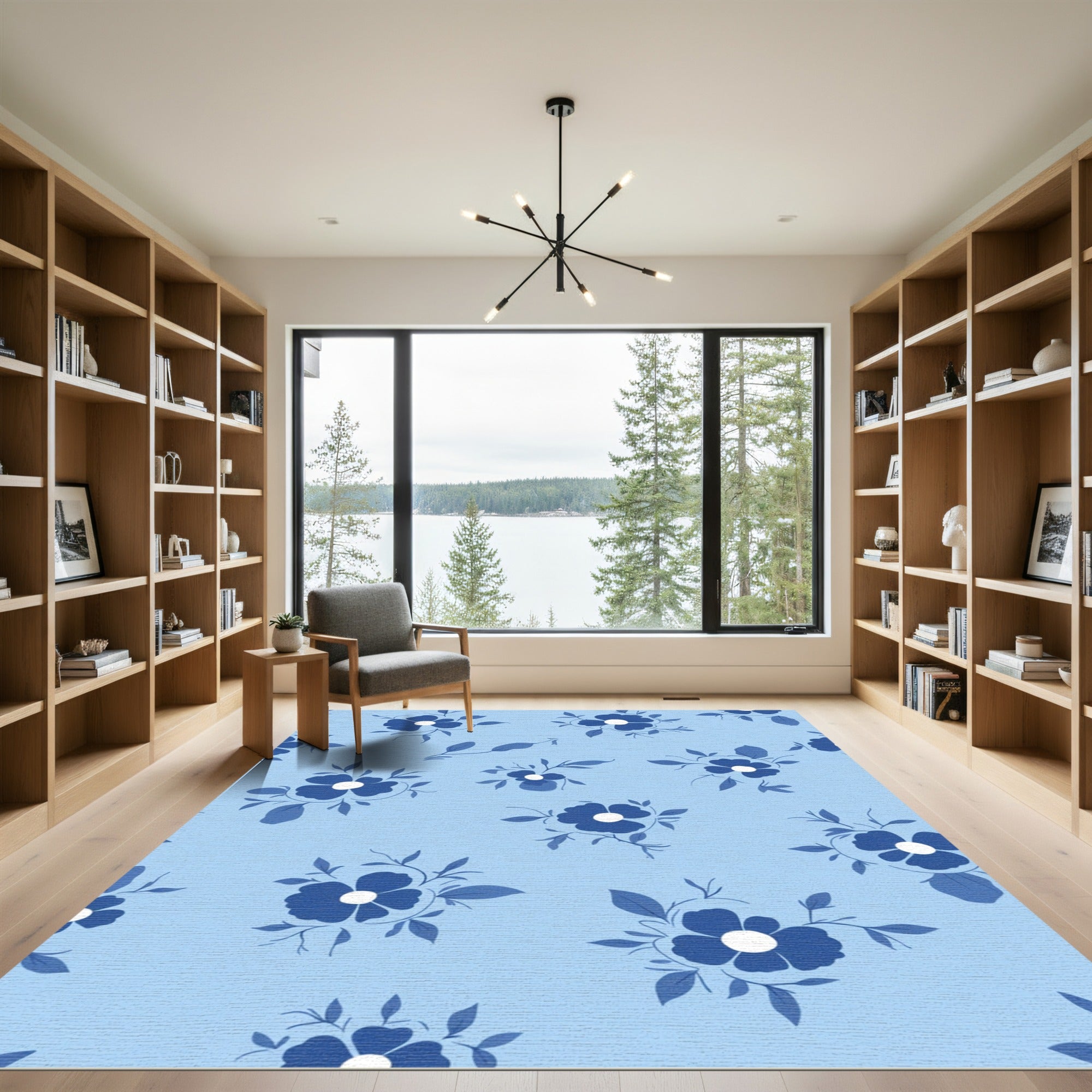 Classic Blue Floral Branch Arrangement Rug
