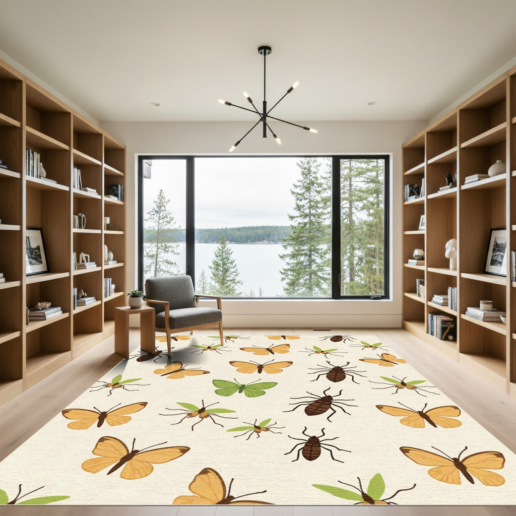Whimsical Yellow Butterfly Green Bug Rug