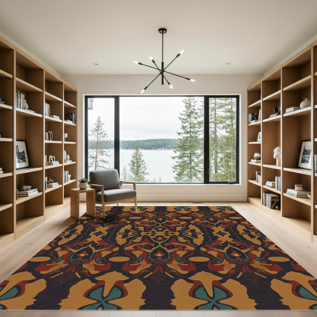Ornate Red Black Ochre Abstract Symmetry Rug