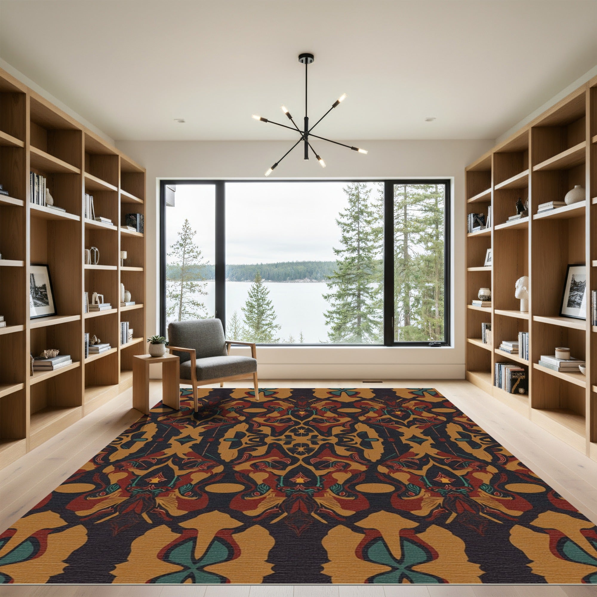 Ornate Red Black Ochre Abstract Symmetry Rug
