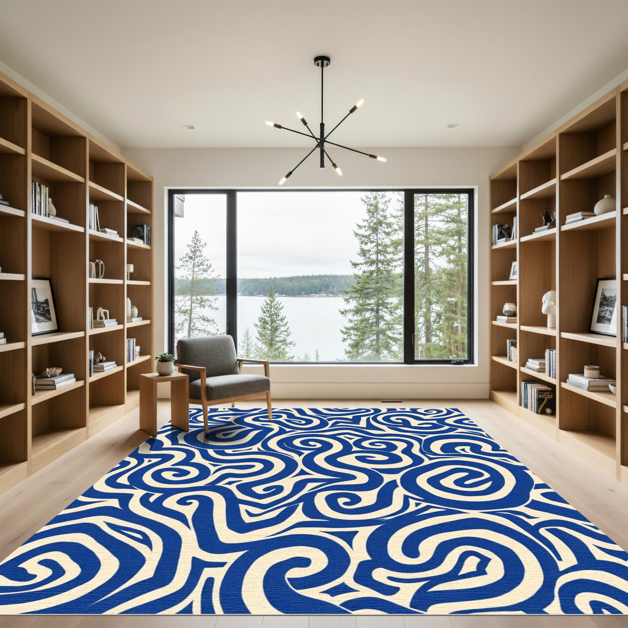 Deep Blue Swirling Abstract Lines Rug