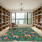 Whimsical Giraffe Floral Garden Teal Rug
