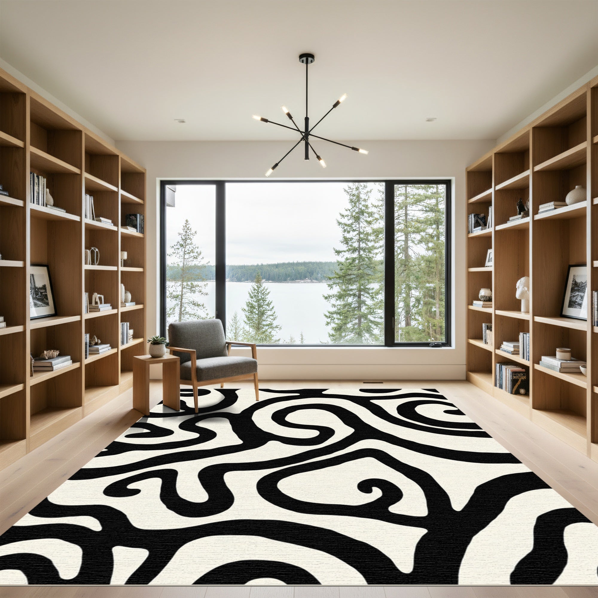 Bold Black Swirl Cream Abstract Rug