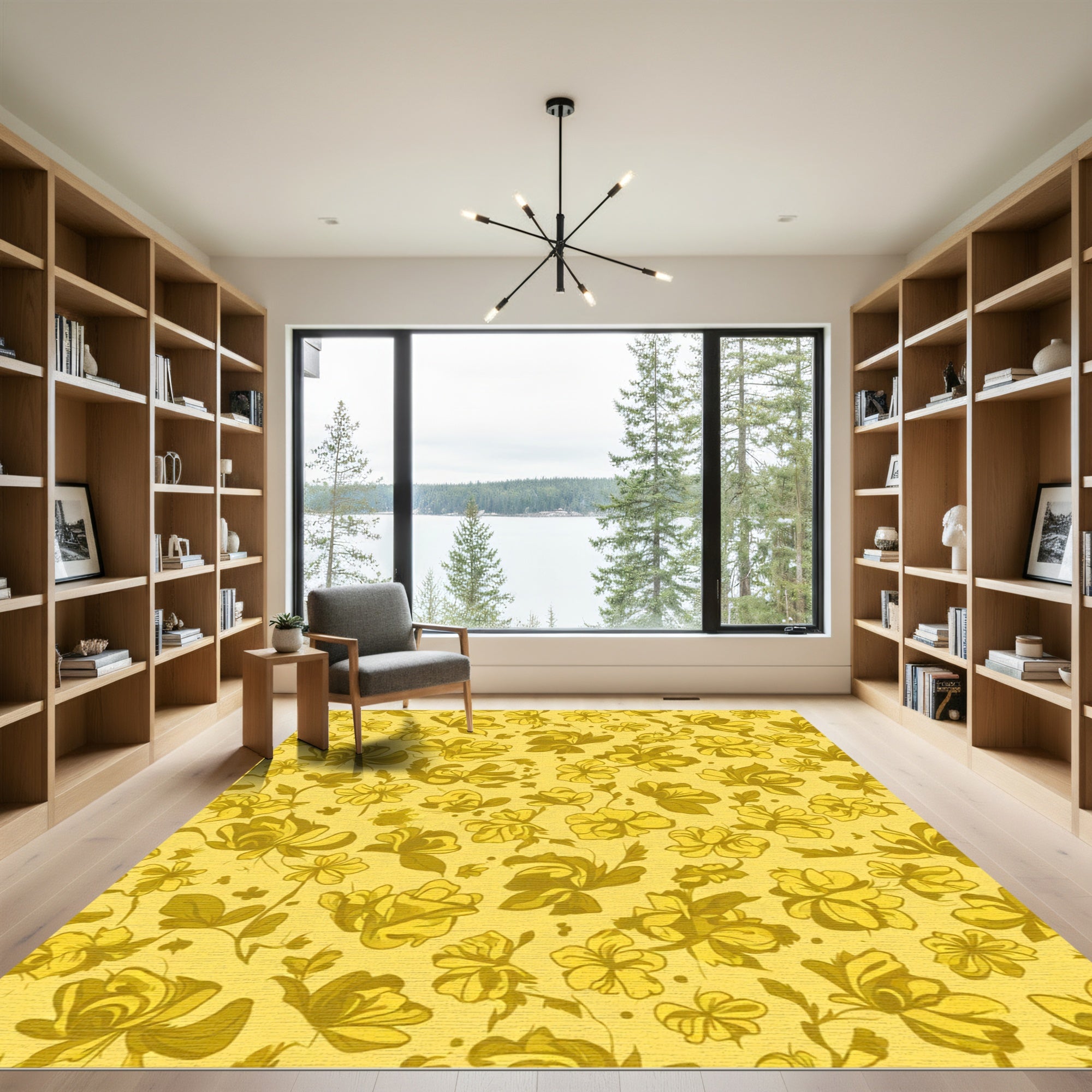 Golden Yellow Floral Illustration Rug