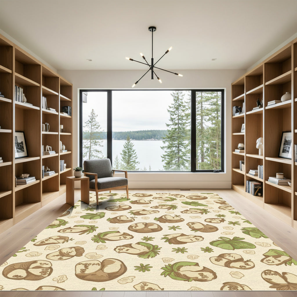 Earthy Brown Nut Green Leaf Repeat Rug